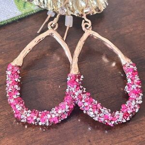 Glitter Glam Rose Gold Hoop Earrings Drop Crystal Studded Pink Silver Oval shape